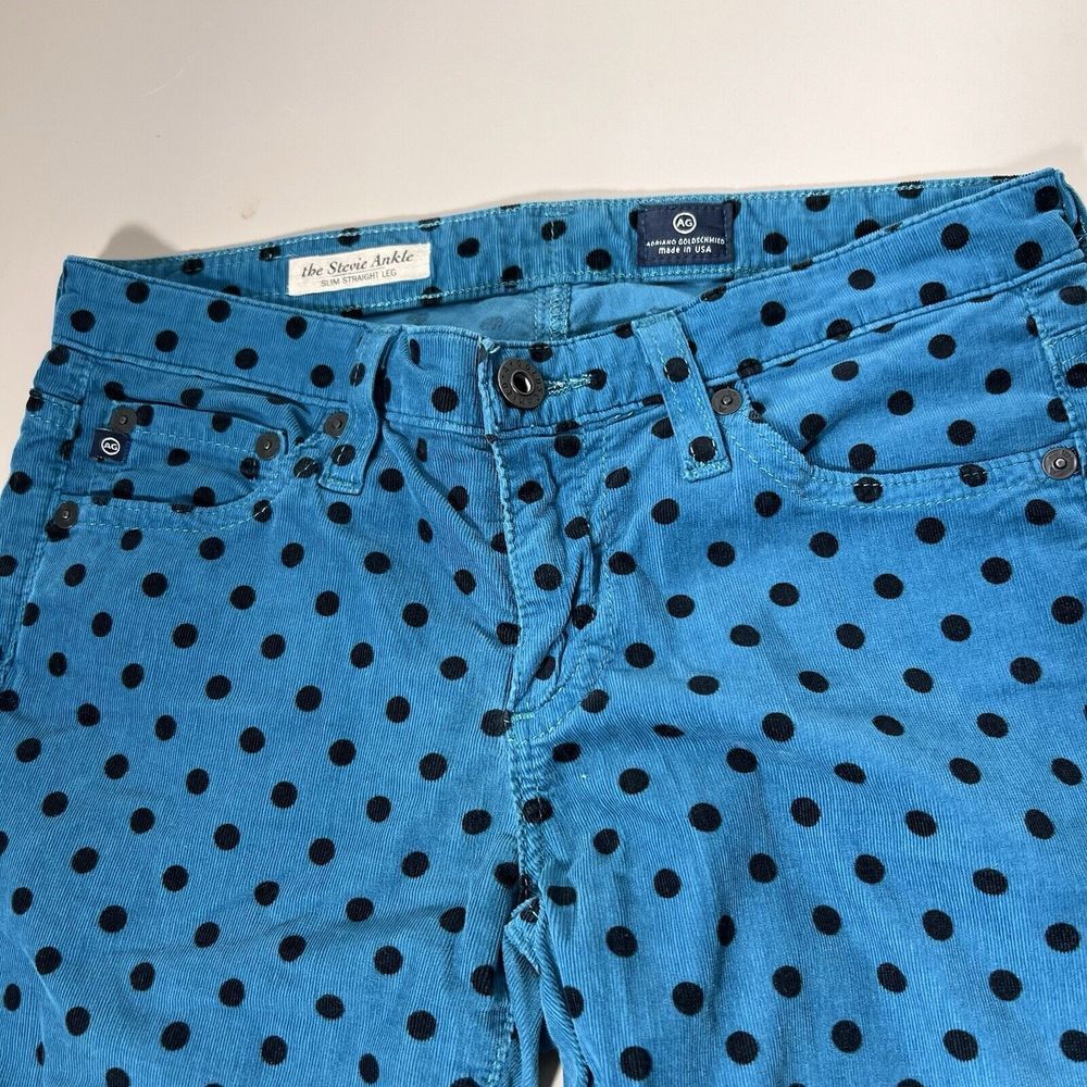 AG Adriano Goldschmied The Stevie Ankle Polka Dot Corduroy Pants Blue Black 25R